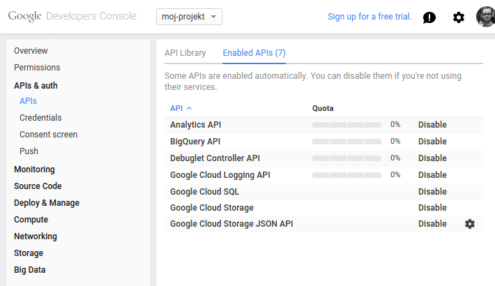 Zoznam povolených API v Google Developers Console
